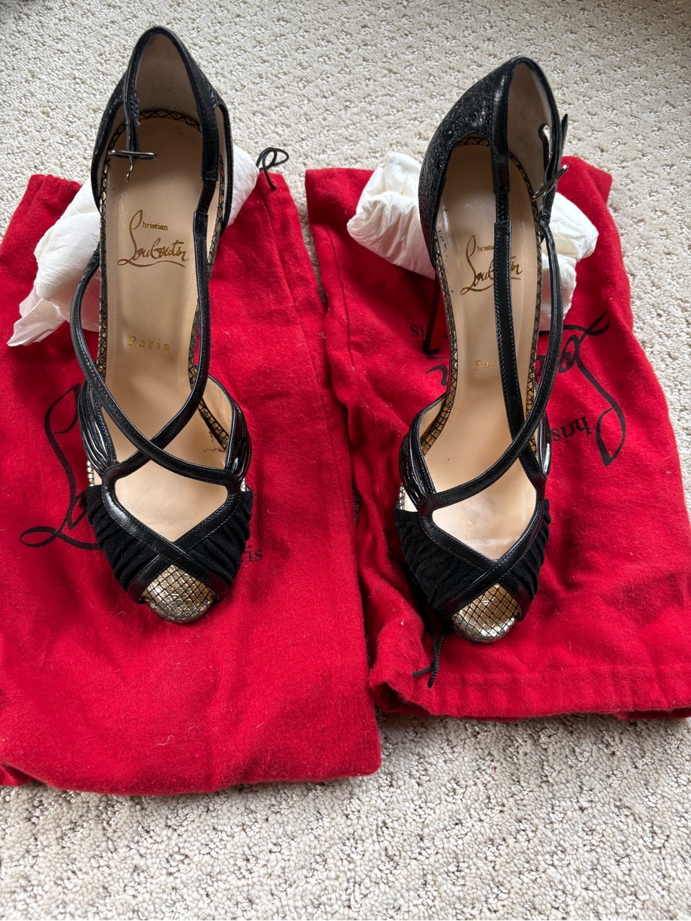 Christian Louboutin Black Strappy Peep-Toe Stilettos with Gold Toe Detail